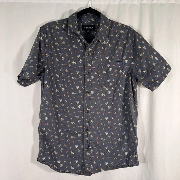 Pacsun Shirt Men's Medium Blue Floral Button Up Polo Short Sleeve 100% Cotton - Picture 1 of 10
